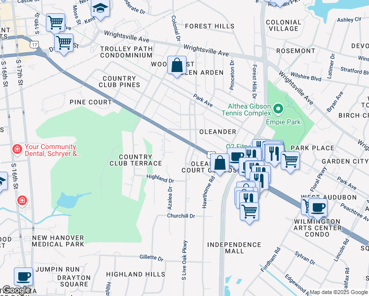 map of restaurants, bars, coffee shops, grocery stores, and more near 2724 Oleander Drive in Wilmington