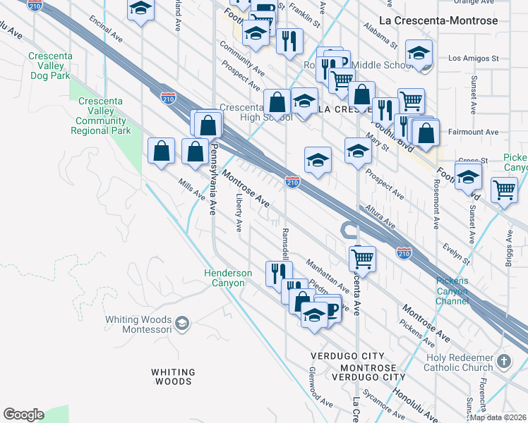 map of restaurants, bars, coffee shops, grocery stores, and more near 3021 Montrose Avenue in Glendale