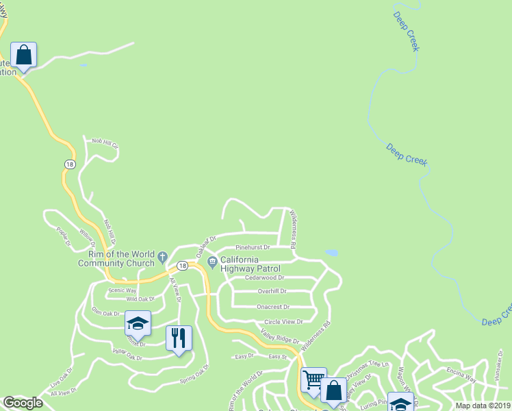 map of restaurants, bars, coffee shops, grocery stores, and more near 1717 Wilderness Road in Running Springs