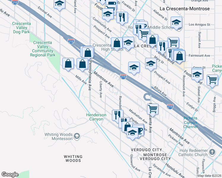 map of restaurants, bars, coffee shops, grocery stores, and more near 3021 Montrose Avenue in Glendale