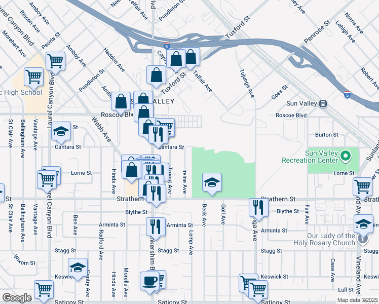 map of restaurants, bars, coffee shops, grocery stores, and more near 11611 Cantara Street in Los Angeles