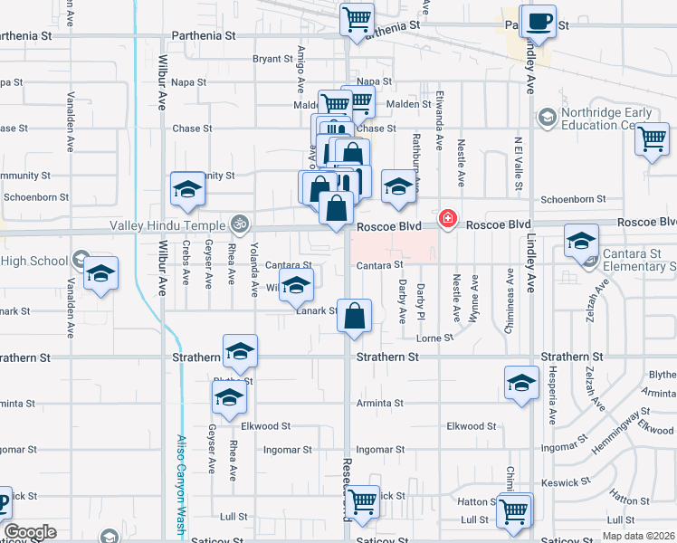 map of restaurants, bars, coffee shops, grocery stores, and more near 8220 Reseda Boulevard in Los Angeles