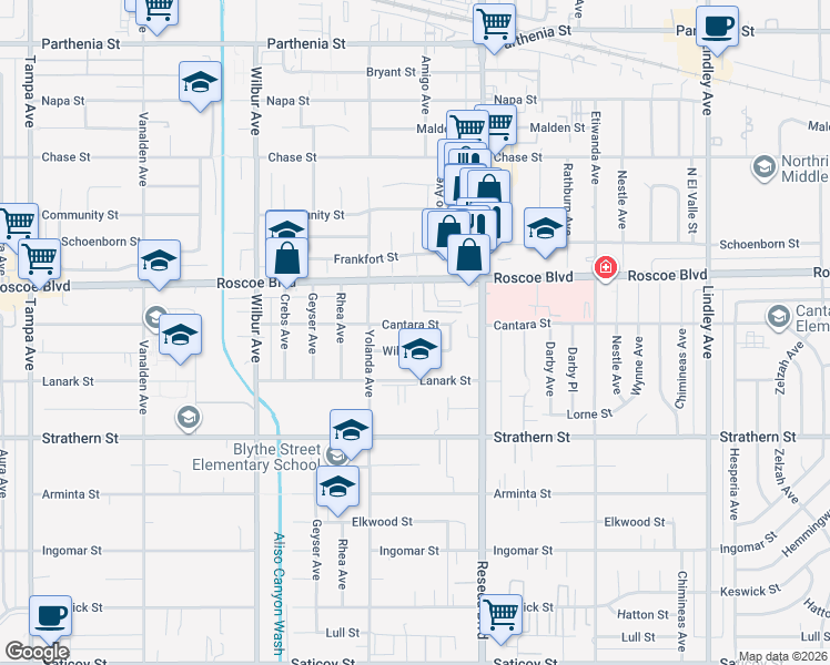 map of restaurants, bars, coffee shops, grocery stores, and more near 8201 Amigo Avenue in Los Angeles
