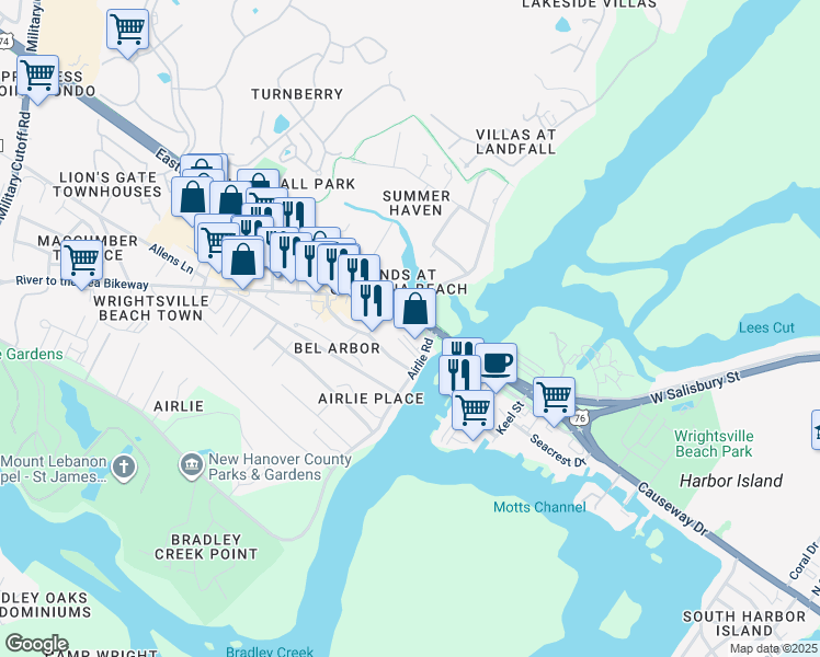 map of restaurants, bars, coffee shops, grocery stores, and more near 7232 Wrightsville Avenue in Wilmington