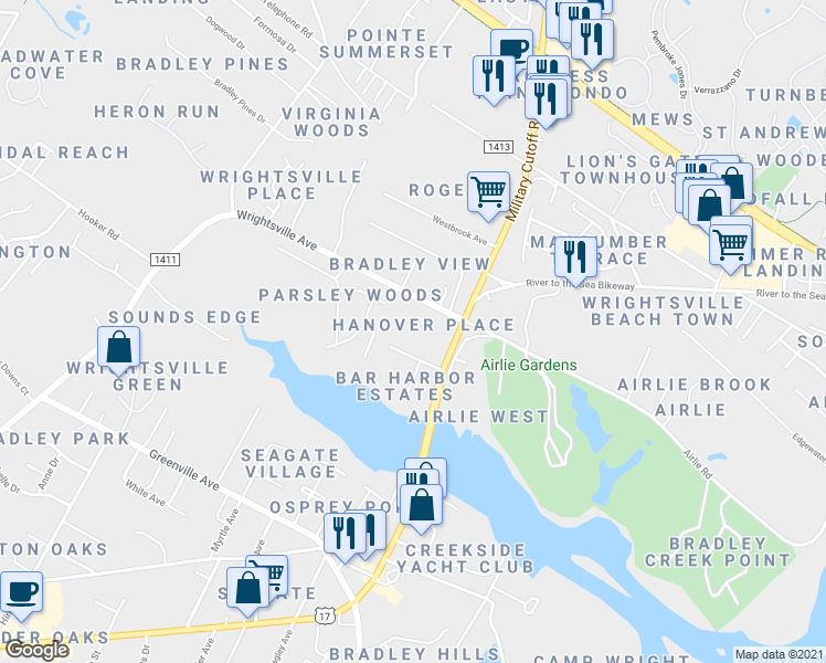 map of restaurants, bars, coffee shops, grocery stores, and more near 6310 Wrightsville Avenue in Wilmington