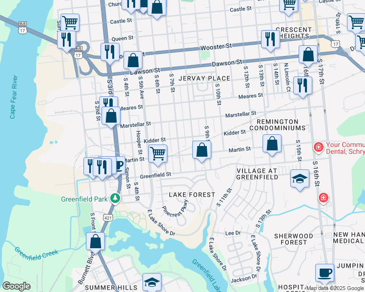 map of restaurants, bars, coffee shops, grocery stores, and more near 1301 South 7th Street in Wilmington