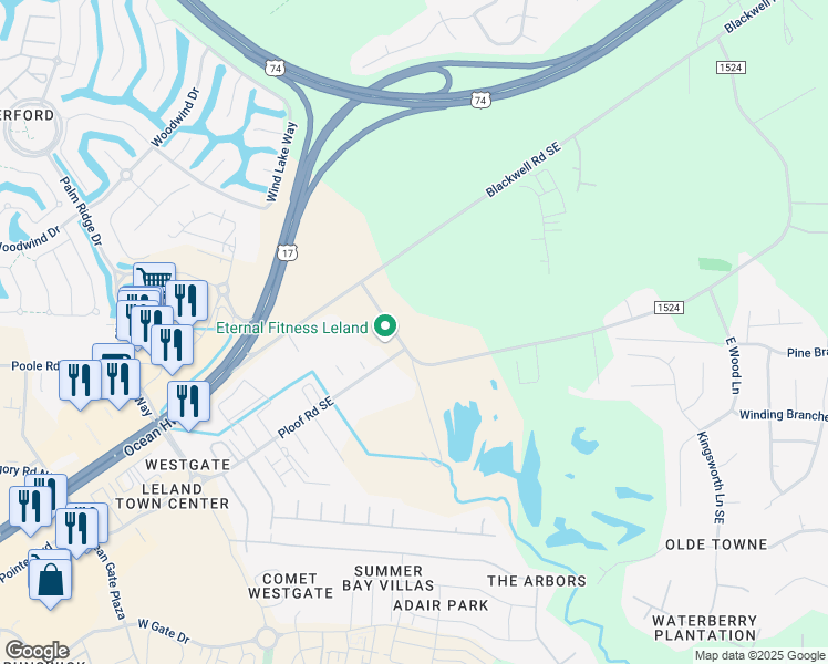 map of restaurants, bars, coffee shops, grocery stores, and more near 9776 Chappell Loop Road Southeast in Leland