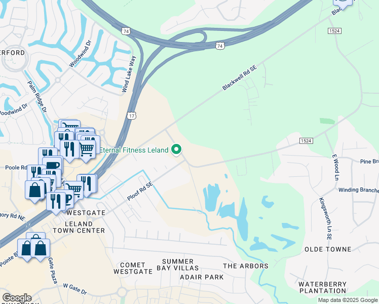 map of restaurants, bars, coffee shops, grocery stores, and more near 9776 Chappell Loop Road Southeast in Leland