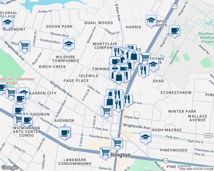 map of restaurants, bars, coffee shops, grocery stores, and more near 4306 Wilshire Boulevard in Wilmington