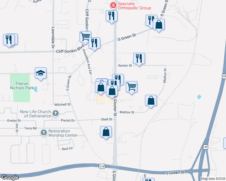 map of restaurants, bars, coffee shops, grocery stores, and more near 801-899 Mitchell Road Exd in Tupelo