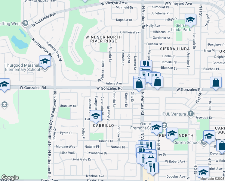 map of restaurants, bars, coffee shops, grocery stores, and more near 1911 Bernadette Street in Oxnard