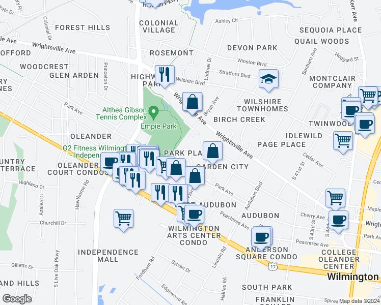 map of restaurants, bars, coffee shops, grocery stores, and more near 3661 Saint Johns Court in Wilmington