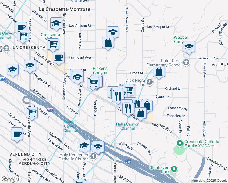 map of restaurants, bars, coffee shops, grocery stores, and more near 4625 Ocean View Boulevard in La Cañada Flintridge