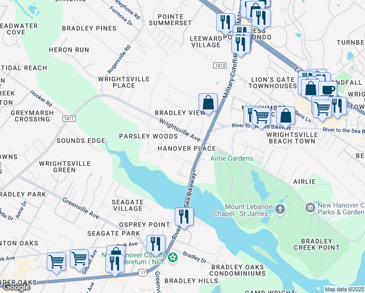 map of restaurants, bars, coffee shops, grocery stores, and more near 6310 Wrightsville Avenue in Wilmington