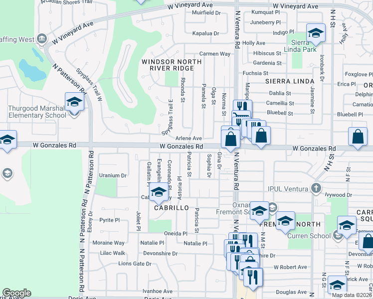 map of restaurants, bars, coffee shops, grocery stores, and more near 1911 Bernadette Street in Oxnard