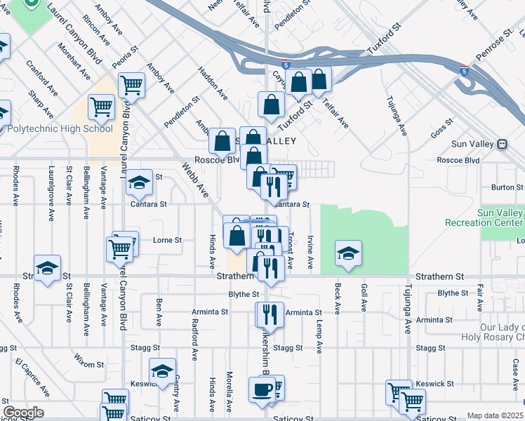 map of restaurants, bars, coffee shops, grocery stores, and more near 11699 Cantara Street in Los Angeles