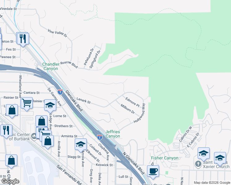 map of restaurants, bars, coffee shops, grocery stores, and more near 10017 Benares Place in Los Angeles