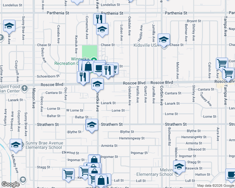map of restaurants, bars, coffee shops, grocery stores, and more near 19947 Cantara Street in Los Angeles