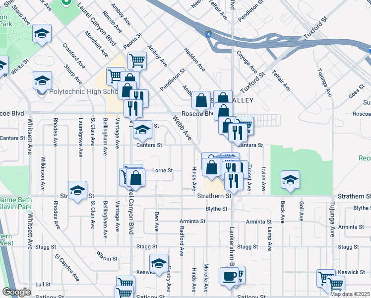 map of restaurants, bars, coffee shops, grocery stores, and more near 11865 Cantara Street in Los Angeles