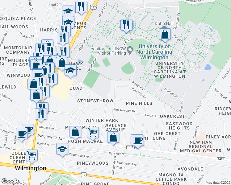 map of restaurants, bars, coffee shops, grocery stores, and more near 316 North Wallace Avenue in Wilmington