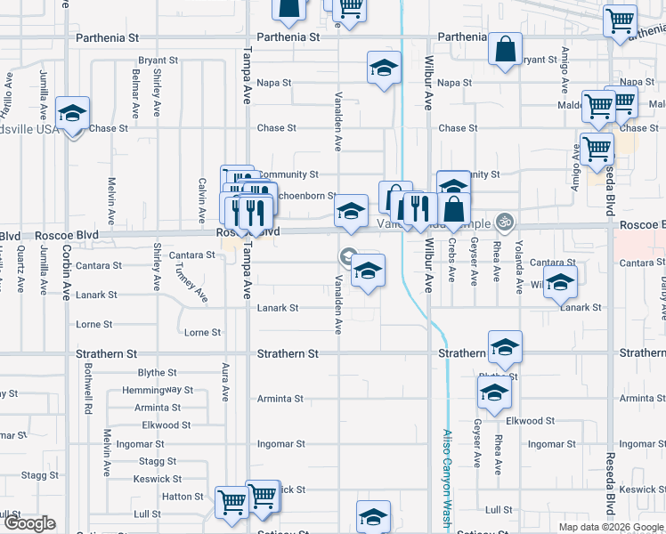 map of restaurants, bars, coffee shops, grocery stores, and more near 19106 Cantara Street in Los Angeles