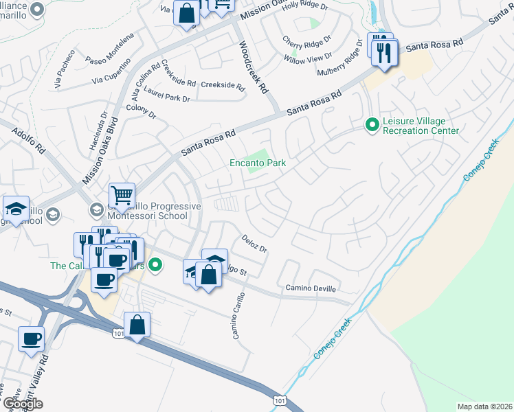 map of restaurants, bars, coffee shops, grocery stores, and more near 25219 Village Drive in Camarillo