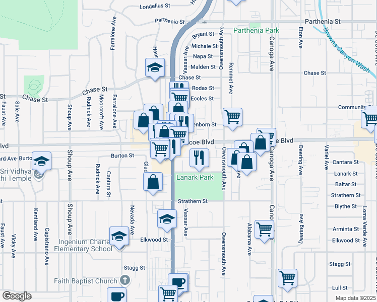 map of restaurants, bars, coffee shops, grocery stores, and more near 21910 Roscoe Boulevard in Los Angeles