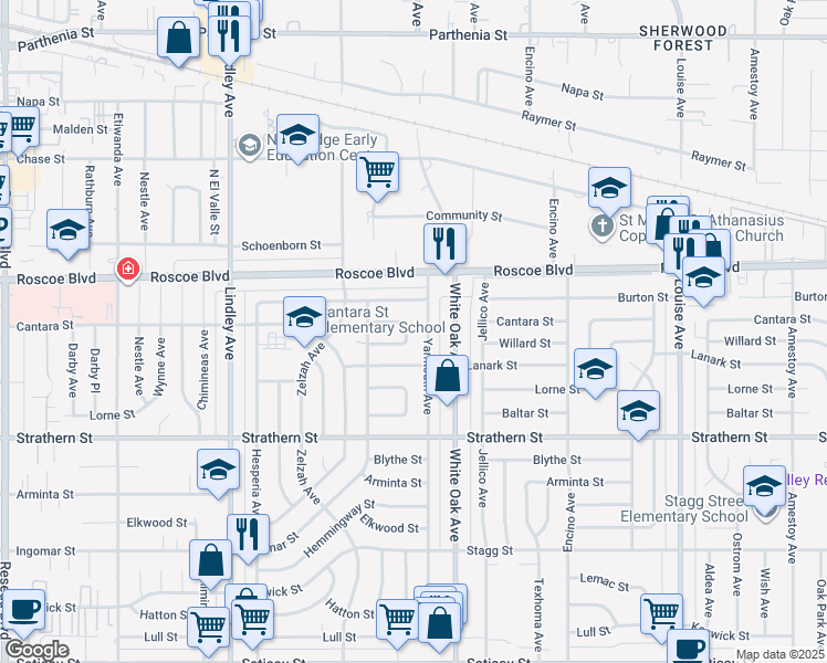 map of restaurants, bars, coffee shops, grocery stores, and more near 17728 Willard Street in Los Angeles