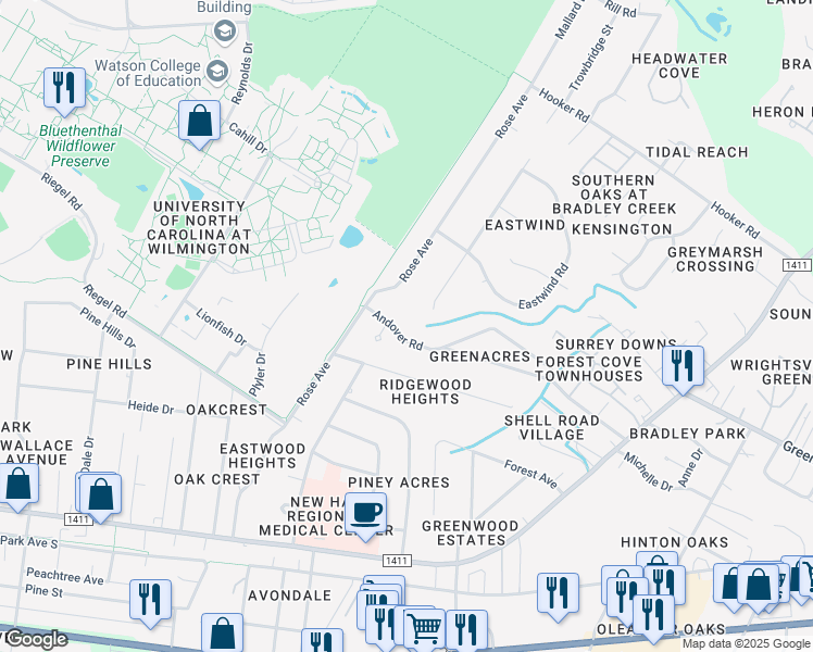 map of restaurants, bars, coffee shops, grocery stores, and more near 5319 Andover Road in Wilmington
