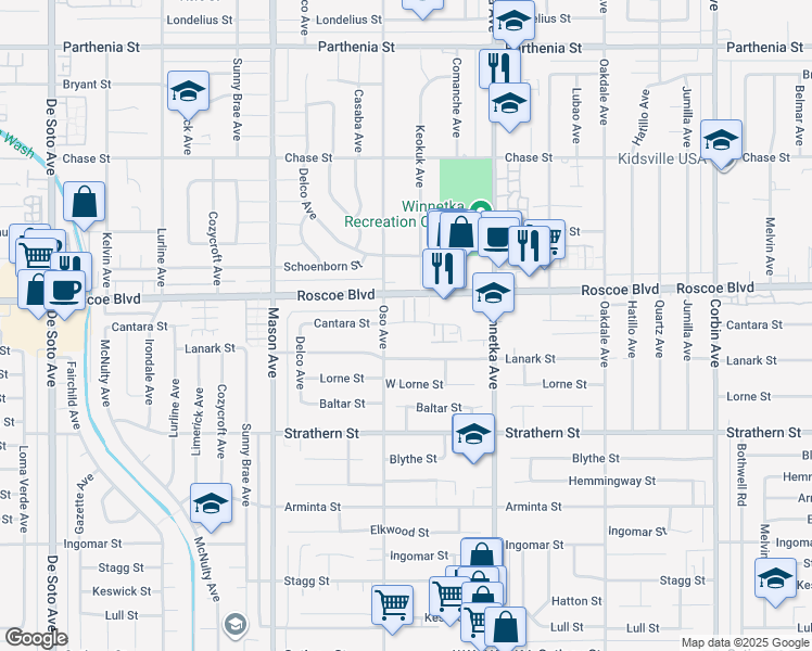 map of restaurants, bars, coffee shops, grocery stores, and more near 20258 Roscoe Boulevard in Los Angeles