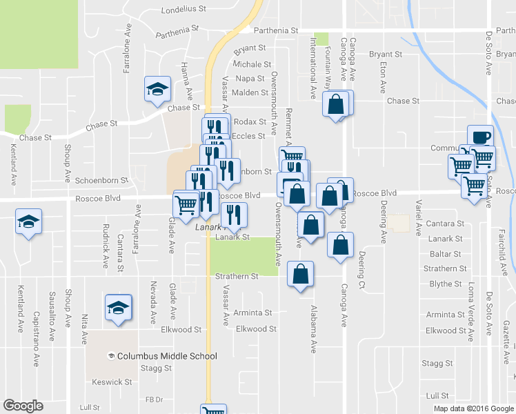 map of restaurants, bars, coffee shops, grocery stores, and more near 21812 Roscoe Boulevard in Los Angeles