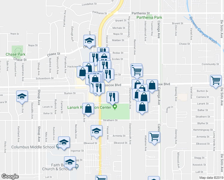 map of restaurants, bars, coffee shops, grocery stores, and more near 21910 Roscoe Boulevard in Los Angeles