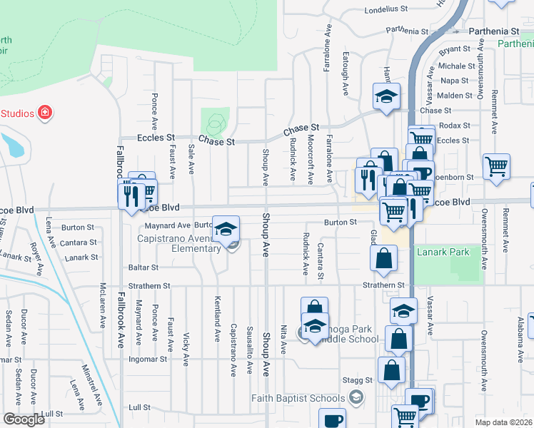 map of restaurants, bars, coffee shops, grocery stores, and more near 22340 Roscoe Boulevard in Los Angeles