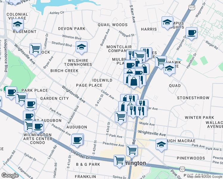 map of restaurants, bars, coffee shops, grocery stores, and more near 4202 Wilshire Boulevard in Wilmington