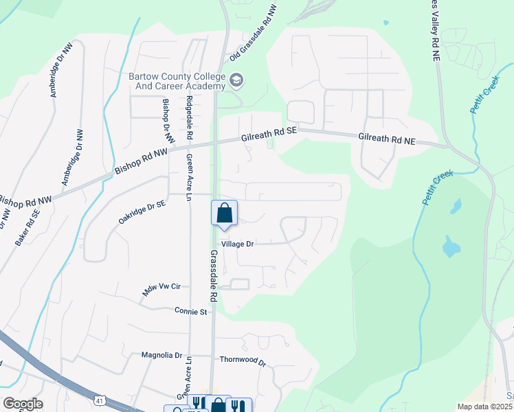 map of restaurants, bars, coffee shops, grocery stores, and more near 106 Evergreen Trail Southeast in Cartersville