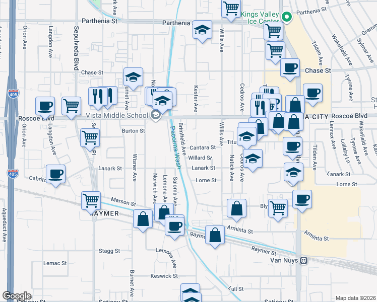 map of restaurants, bars, coffee shops, grocery stores, and more near 14912 Cantara Street in Los Angeles