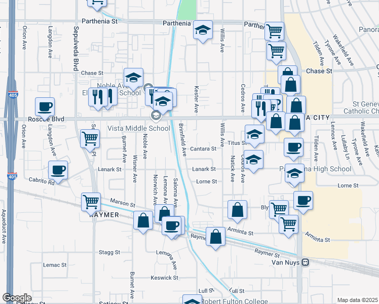 map of restaurants, bars, coffee shops, grocery stores, and more near 14912 Cantara Street in Los Angeles