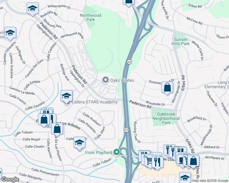 map of restaurants, bars, coffee shops, grocery stores, and more near 1541 Eucalyptus Circle in Thousand Oaks