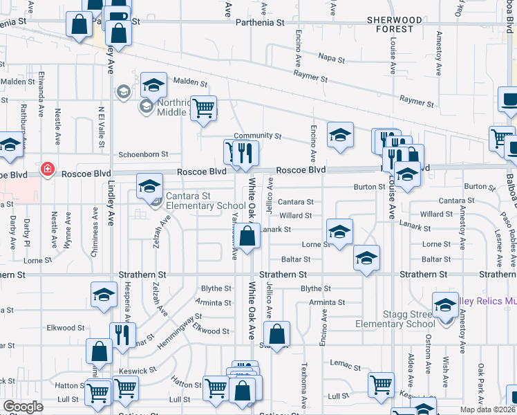 map of restaurants, bars, coffee shops, grocery stores, and more near 8201 Jellico Avenue in Los Angeles