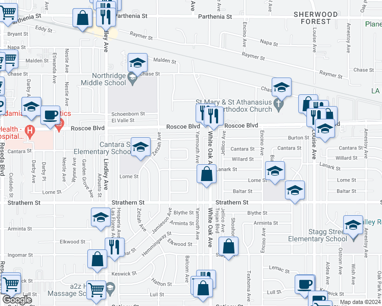 map of restaurants, bars, coffee shops, grocery stores, and more near 17728 Willard Street in Los Angeles