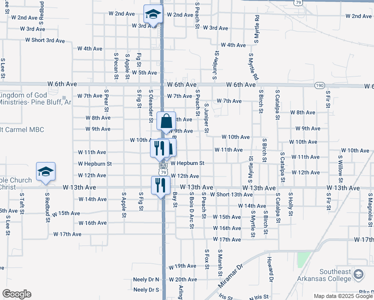 map of restaurants, bars, coffee shops, grocery stores, and more near 1101 South Bois D Arc Street in Pine Bluff