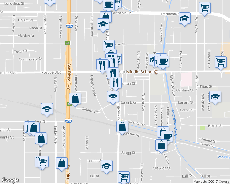 map of restaurants, bars, coffee shops, grocery stores, and more near 8144 Sepulveda Boulevard in Los Angeles