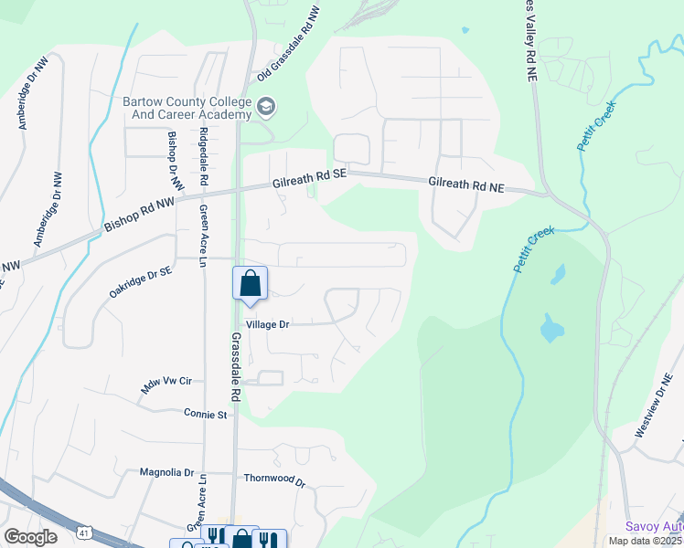 map of restaurants, bars, coffee shops, grocery stores, and more near 120 Evergreen Trail Southeast in Cartersville