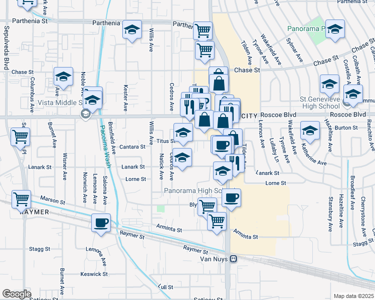 map of restaurants, bars, coffee shops, grocery stores, and more near 14628 Titus Street in Los Angeles