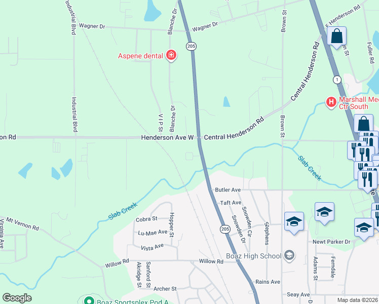 map of restaurants, bars, coffee shops, grocery stores, and more near 1266 North Main Street in Boaz