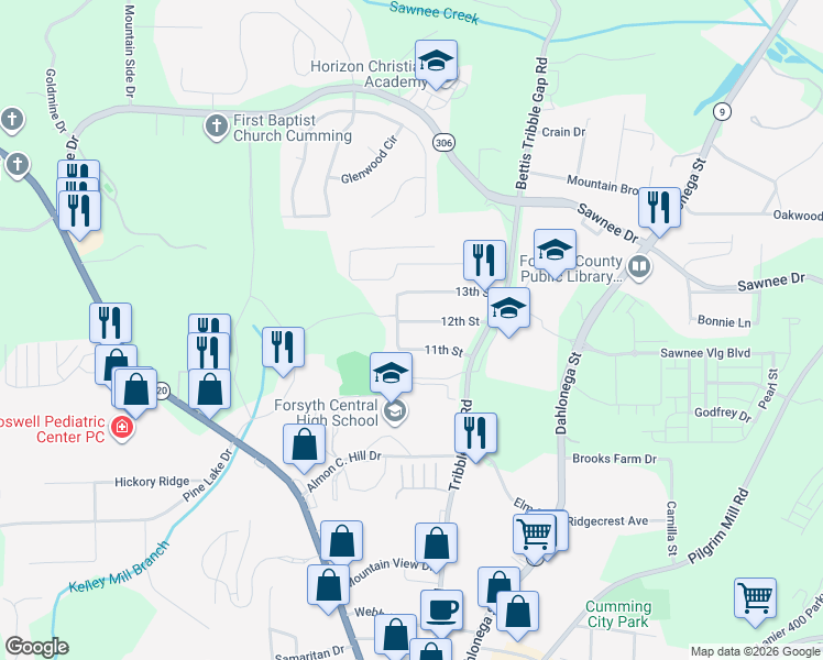map of restaurants, bars, coffee shops, grocery stores, and more near 119 12th Street in Cumming