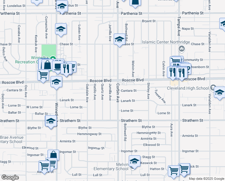 map of restaurants, bars, coffee shops, grocery stores, and more near 8238 Jumilla Avenue in Los Angeles