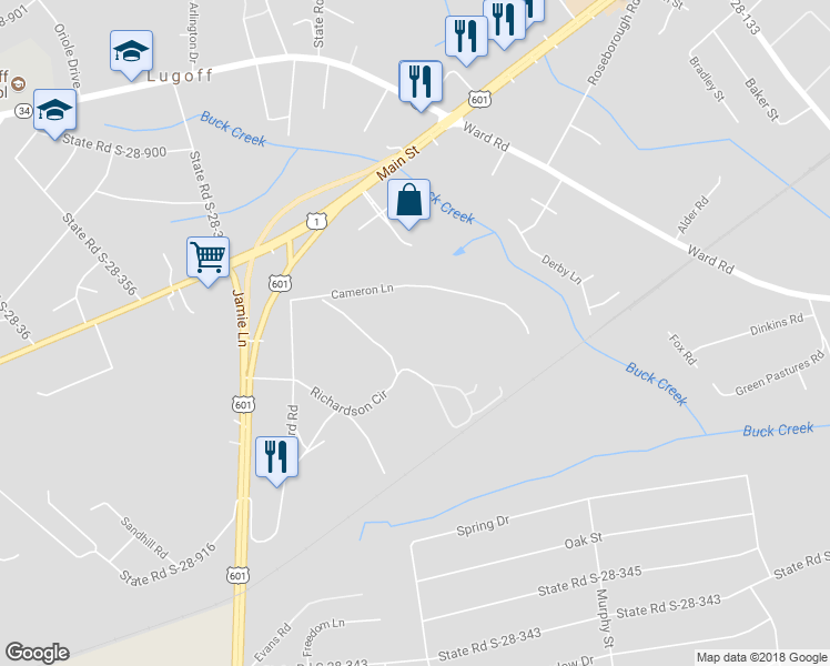 map of restaurants, bars, coffee shops, grocery stores, and more near 843A Cameron Lane in Lugoff