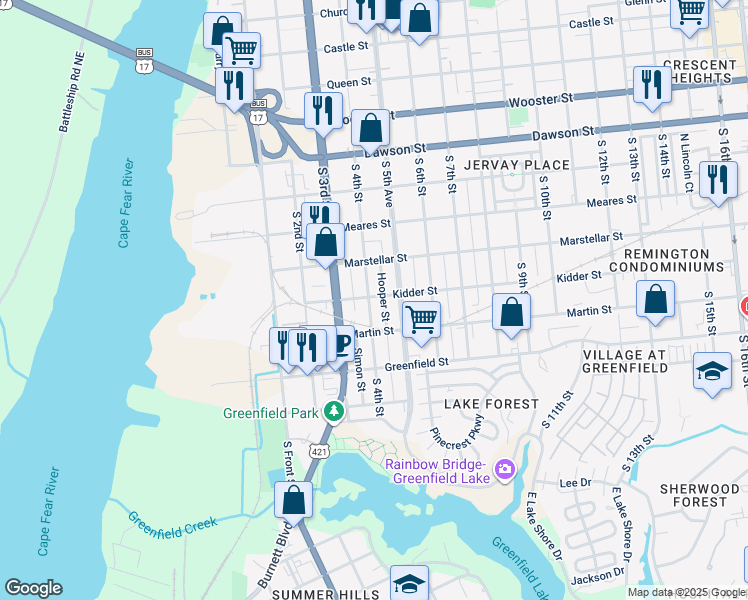 map of restaurants, bars, coffee shops, grocery stores, and more near 1301 South 4th Street in Wilmington