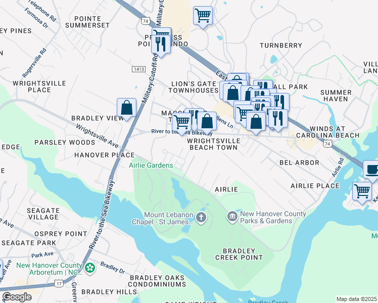 map of restaurants, bars, coffee shops, grocery stores, and more near in Wilmington
